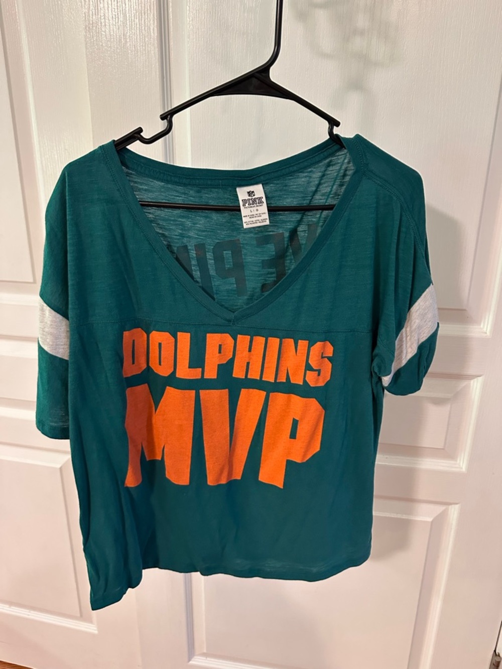 Victoria's Secret PINK Teal and Orange Graphic V-Neck Tee DOLPHINS NFL MVP